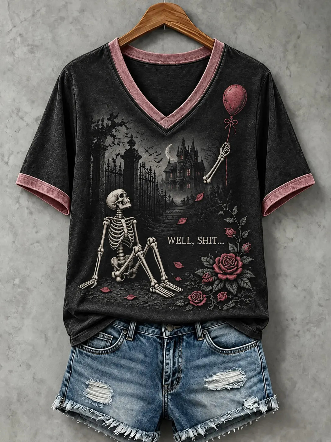 Women's Vintage Gothic Funny Skeleton Halloween Art Comfy Print Tshirt