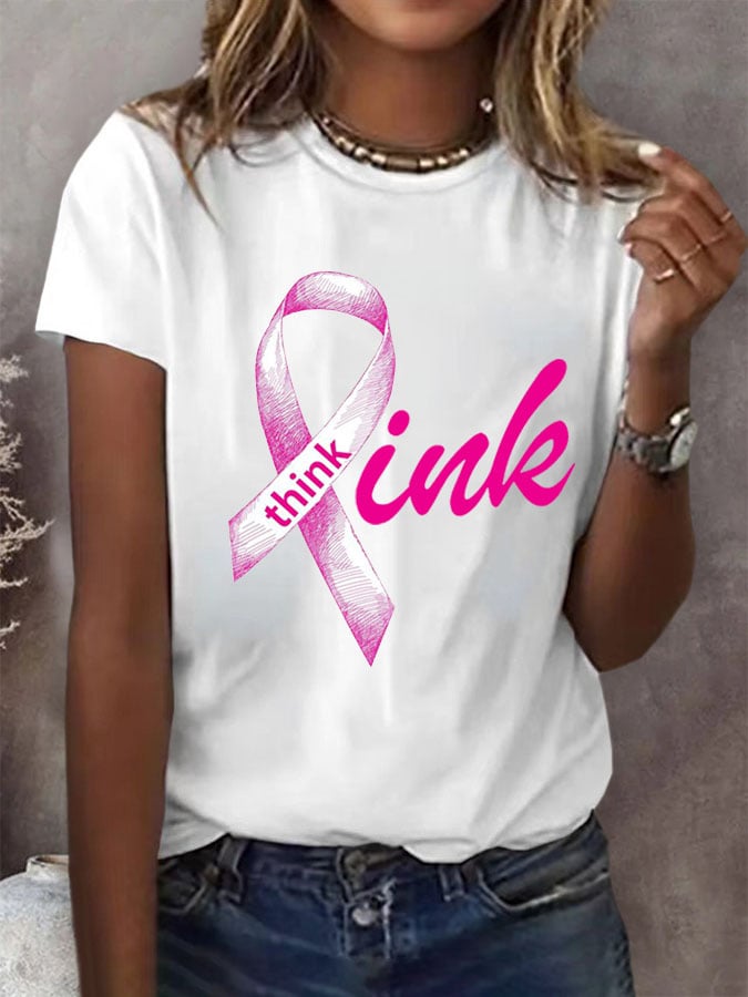 Women's Breast Cancer Think Pink Round Neck T-Shirt