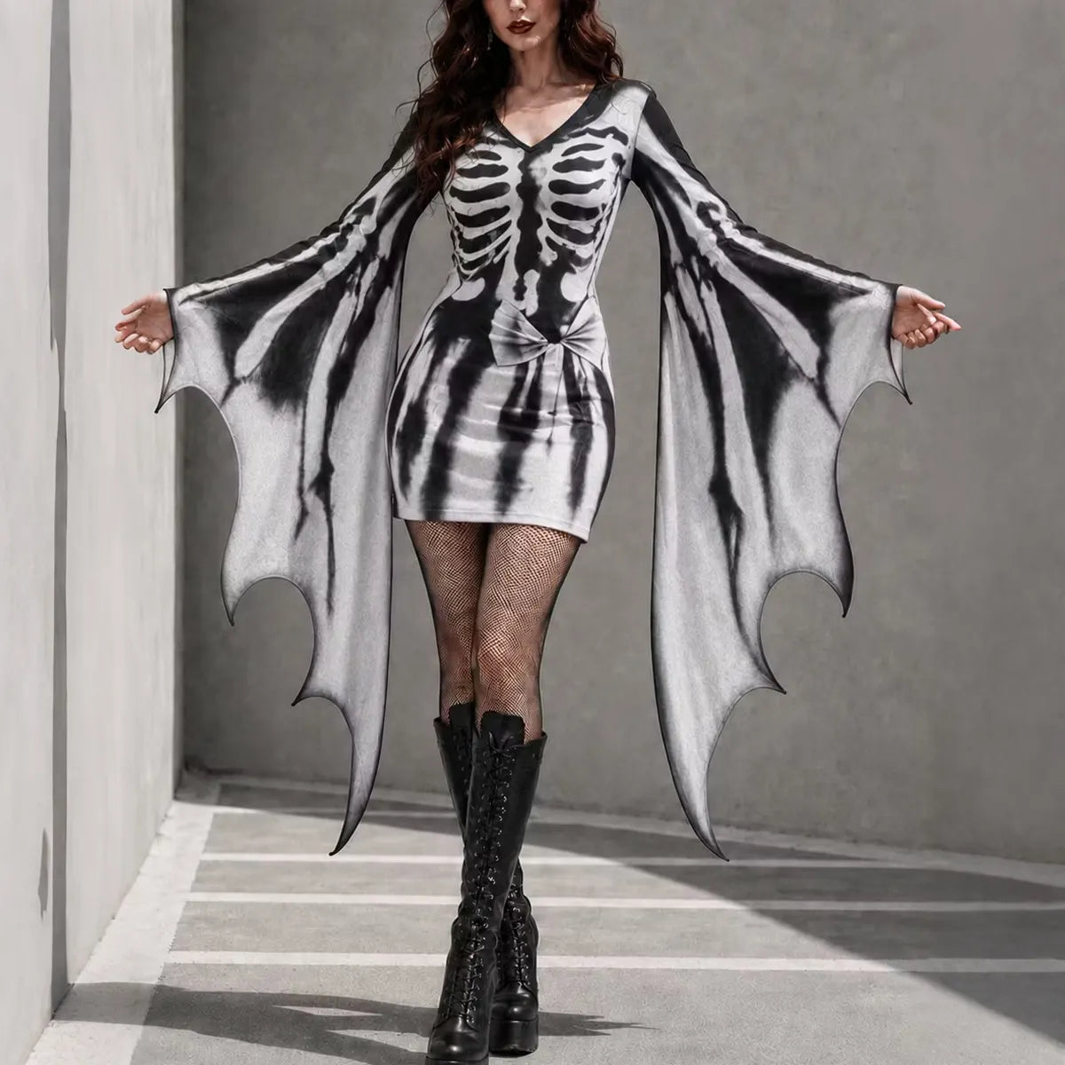 Women's Gothic Skeleton Batwing Flare Sleeve V Neck Bodycon Dress – Halloween Costume