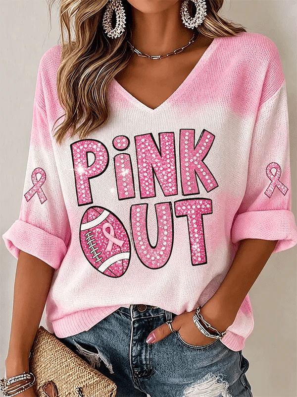 Women's Pink Out Tie‐Dye Football Ribbon V‐Neck Roll‐Sleeve Top