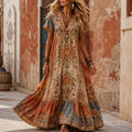 Women's Retro Boho Hippie Floral Embroidery Art V Neck Short Sleeve Maxi Dress
