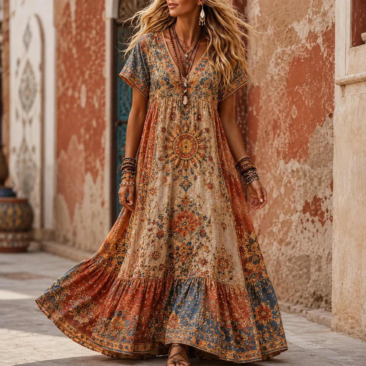 Women's Retro Boho Hippie Floral Embroidery Art V Neck Short Sleeve Maxi Dress