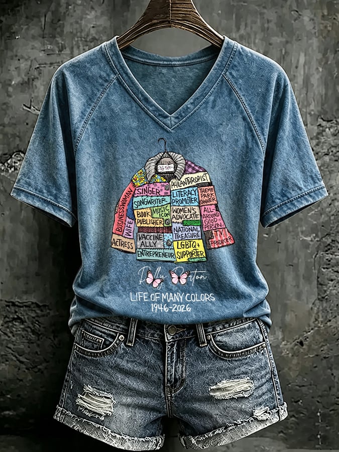 V Neck Retro Coat Of Many Colors Print T-Shirt