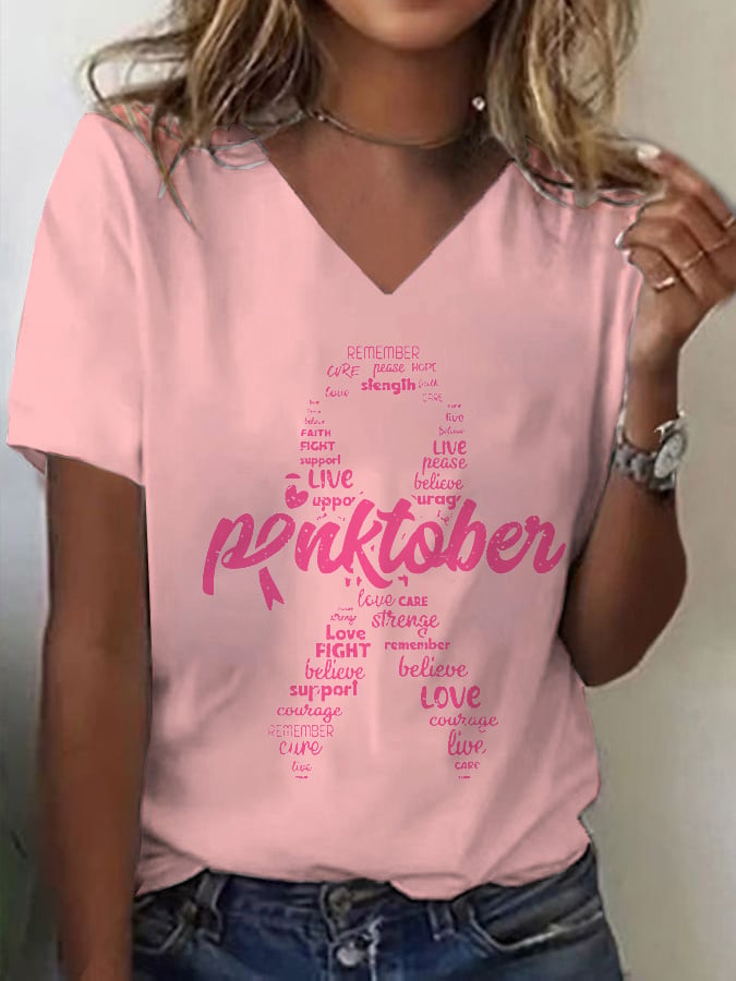 Women's Pinktotber Breast Cancer Awareness Print V Neck T-Shirt
