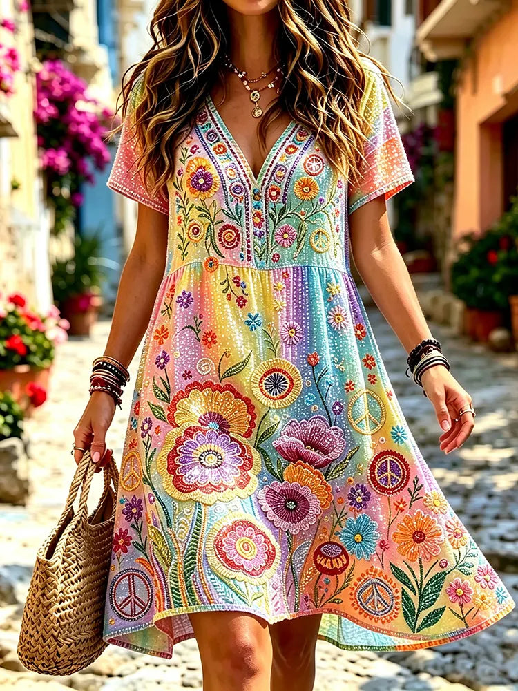 Women's Floral Peace Symbol Embroidered V-neck Short-sleeve Linen Blend Dress