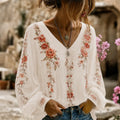 Women's Floral Bohemian Resort Cotton Linen Long-sleeved V-neck Top