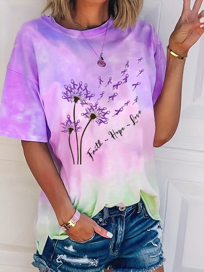 Women's Faith Hope Love Purple Ribbons Alzheimer's Awareness  Support Tie Dye Print Tee