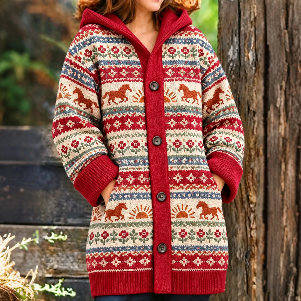 Women's Vintage Tribal Horse And Floral Patterns Icelandic Knit Hooded Cardigan