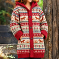 Women's Vintage Tribal Horse And Floral Patterns Icelandic Knit Hooded Cardigan