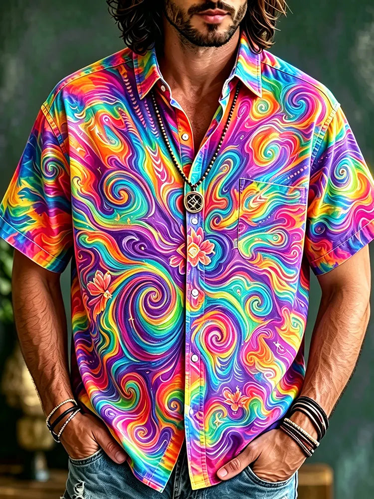 Men's Short-sleeve Button-down Shirt With Colorful Psychedelic Swirl And Liquid Art Print