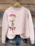 Women's Rose With Pink Ribbon Embroidered Casual Sweater