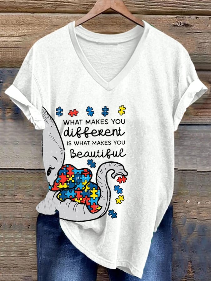 Women's  Autism Awareness Printed Casual V-Neck T-Shirt