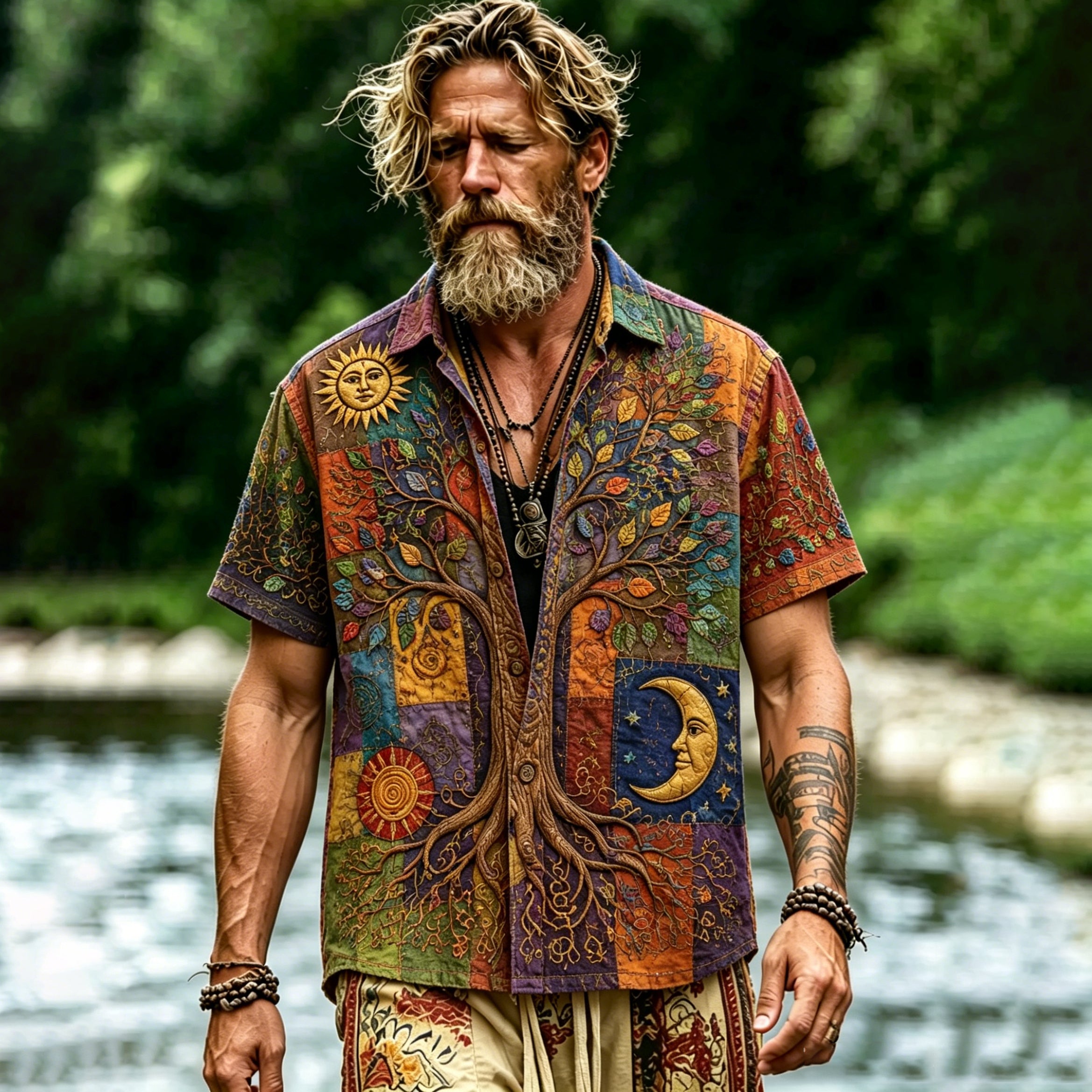 Men's Vintage Hippie Patchwork Tree Of Life Sun Moon Art Print Short Sleeve Shirt