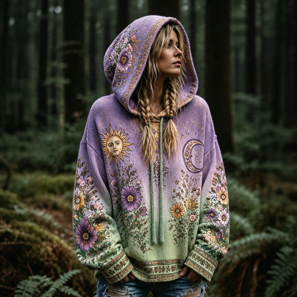 Women's Retro Hippie Floral Art Cozy Knit Hooded Sweater