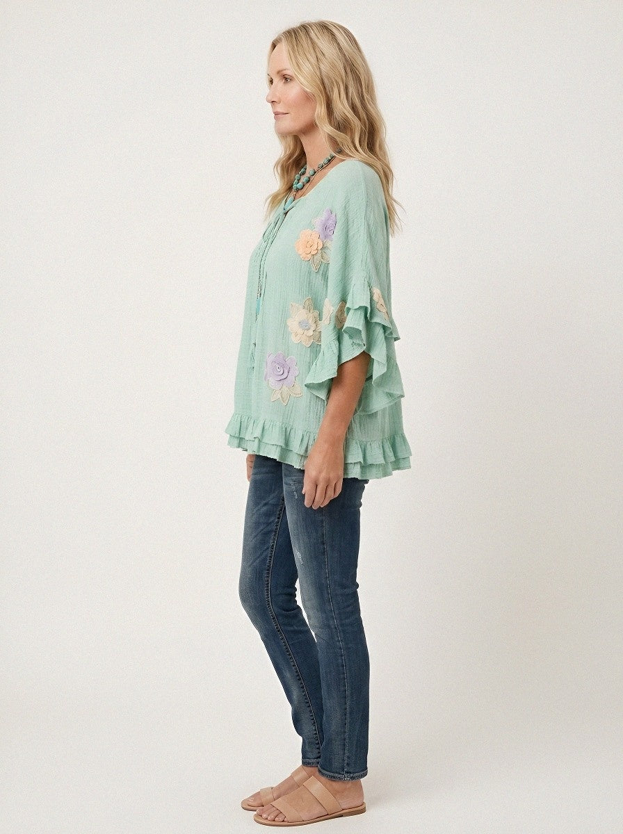 Women's Western Vintage Floral Embroidered Ruffle Sleeve Top