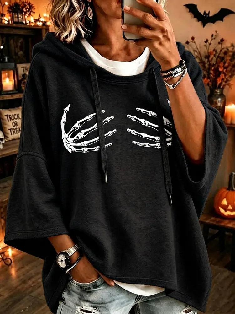 Women's Halloween Skeleton Finger Print Casual Hoodie