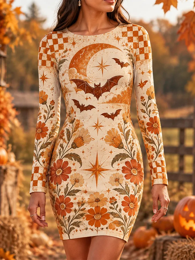 Women's Halloween Retro Moon, Bats And Floral Print Long Sleeve Bodycon Dress