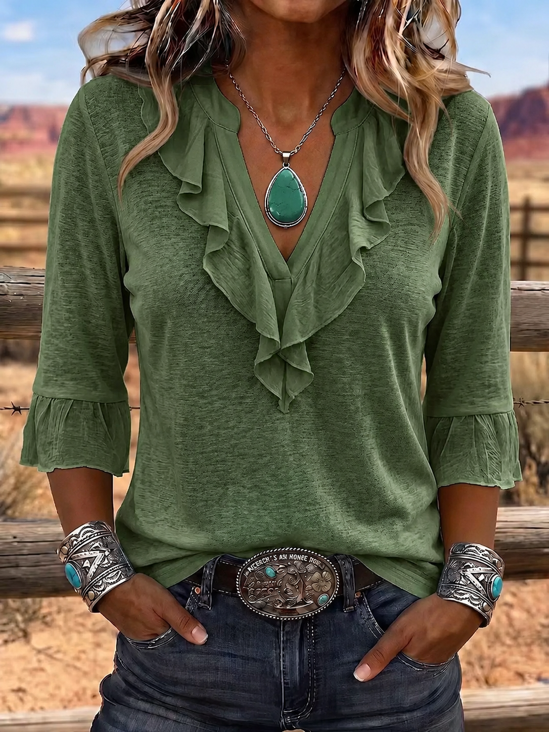 Women'S Casual Western Style V-Neck Ruffled Cotton And Linen Top