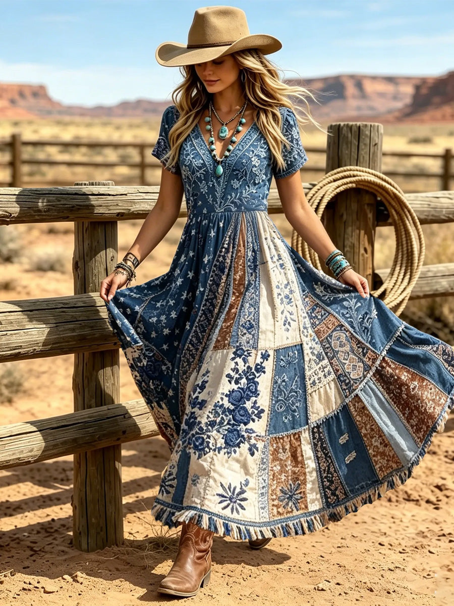 Women's Western Vintage Linen-Blend Maxi Dress