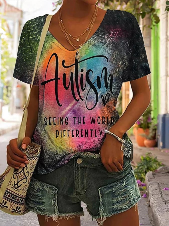 Women'S Autism Tie Dye Print Short Sleeve T-Shirt