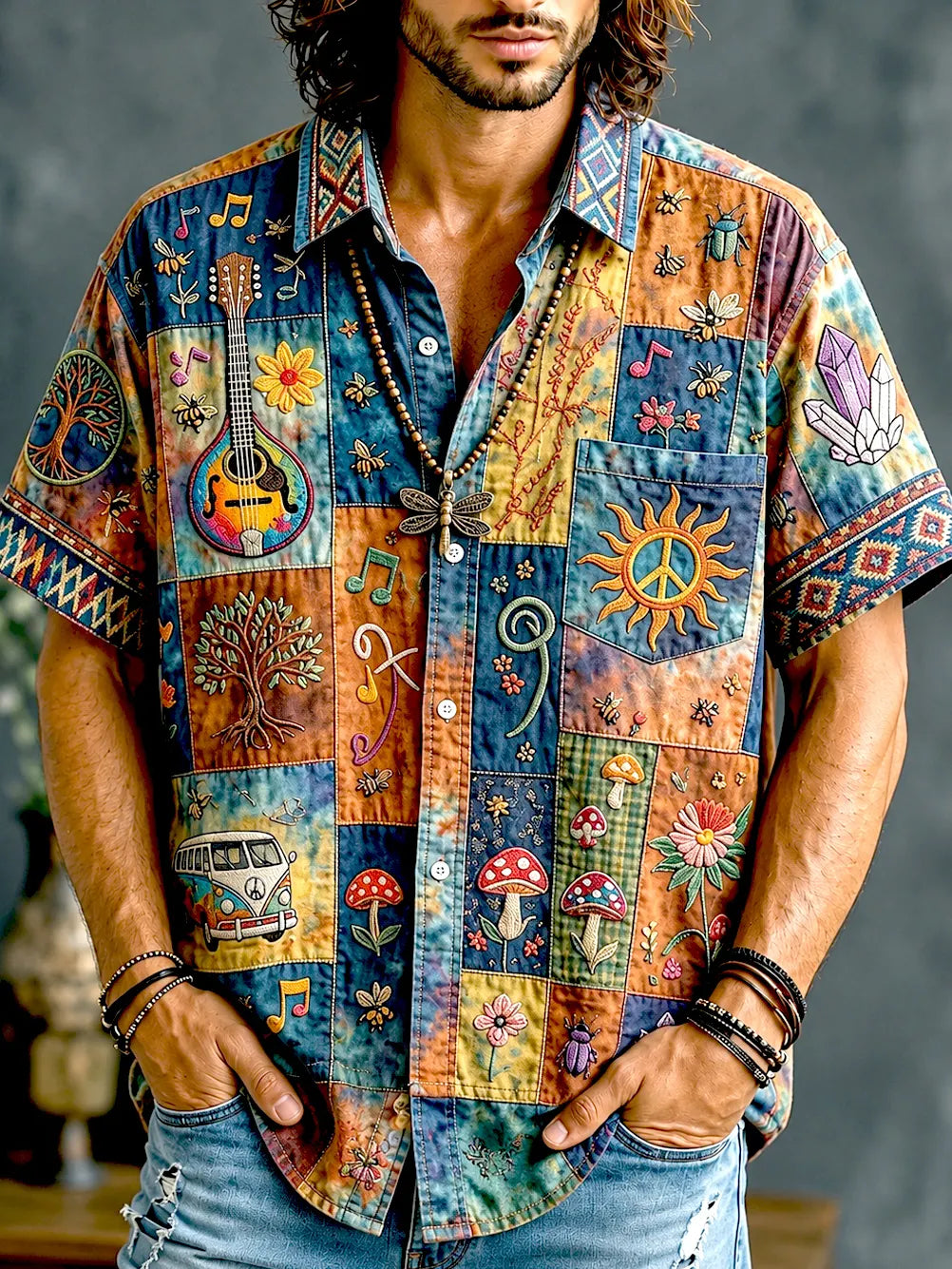 Men's Peace Sign Guitar Hippie Patchwork Print Casual Shirt