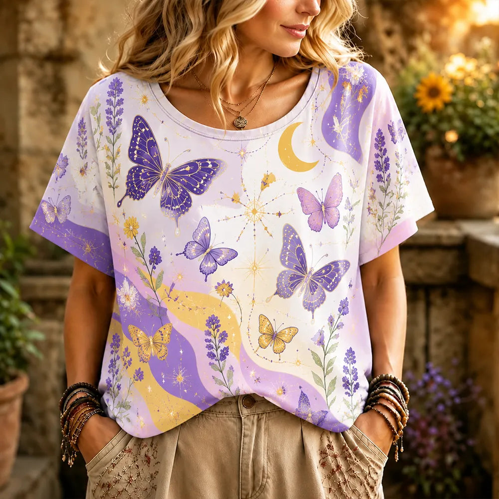 Women's Casual Crew Neck Short Sleeve T-shirt With Purple Butterfly, Crescent Moon, And Lavender Print