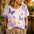 Women's Casual Crew Neck Short Sleeve T-shirt With Purple Butterfly, Crescent Moon, And Lavender Print