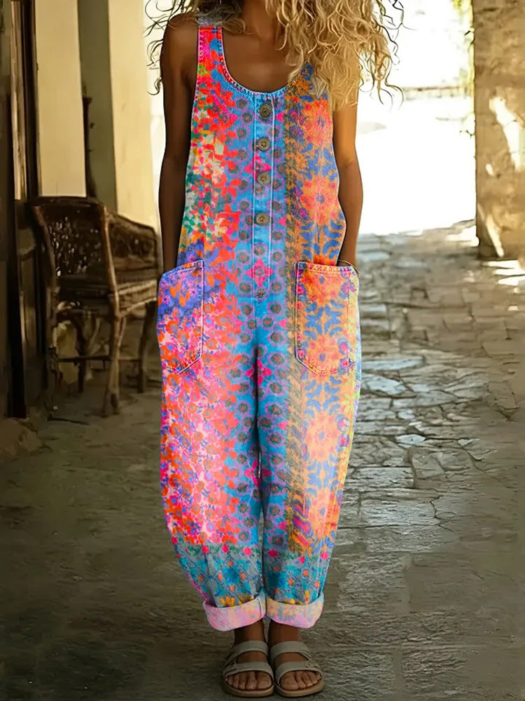 Women's Retro Floral Art Print Casual Cotton Linen Overalls