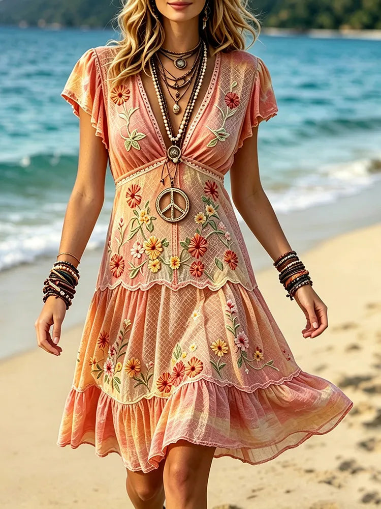Women's Hippie Peace And Floral Embroidered Short Dress