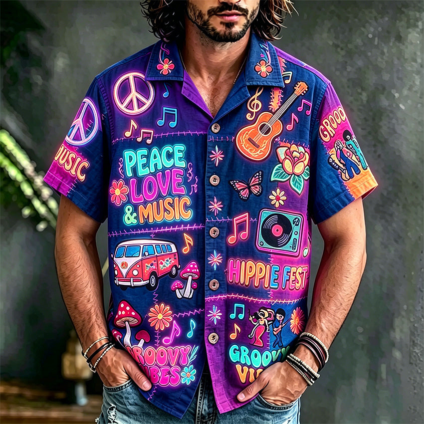 Men's Hippie Style Peace Love Music Patchwork Art Print Casual Shirt