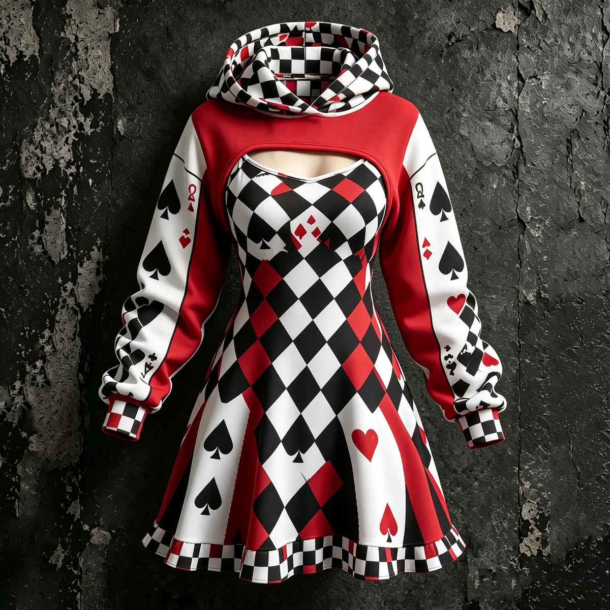 Women's Retro Halloween Clown Playing Card Color Block Print Hoodie Suspender Dress Two-piece Set