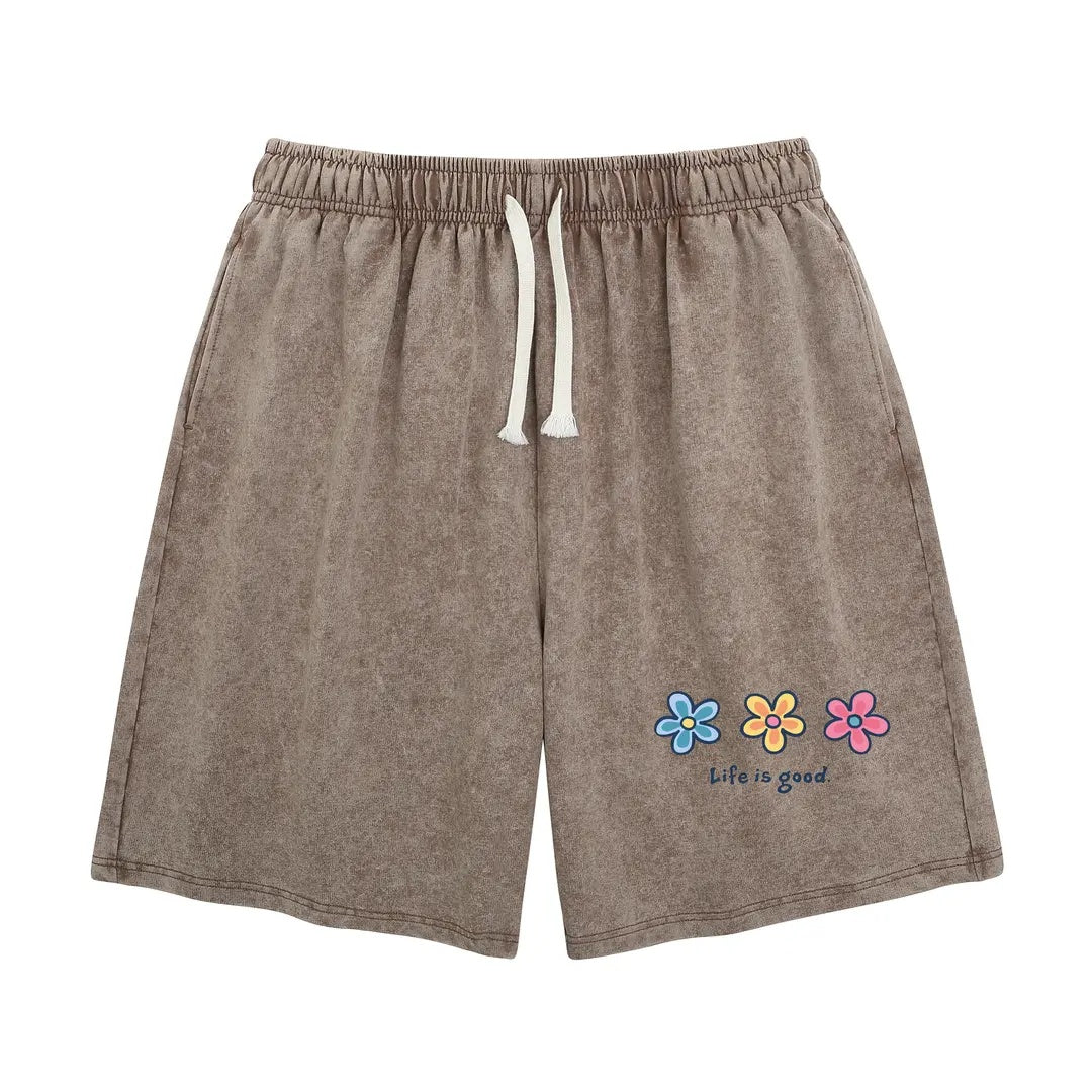 Unisex Flower Print Casual Shorts Acid Wash Soft Comfortable Cotton Blend Bottoms