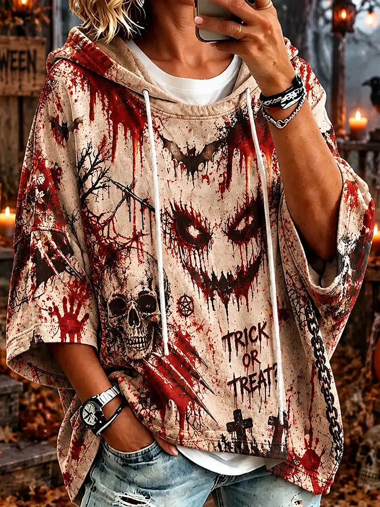 Women's Gothic Halloween "trick Or Treat" Loose Short-sleeve Hoodie With Blood-drip Skull Print