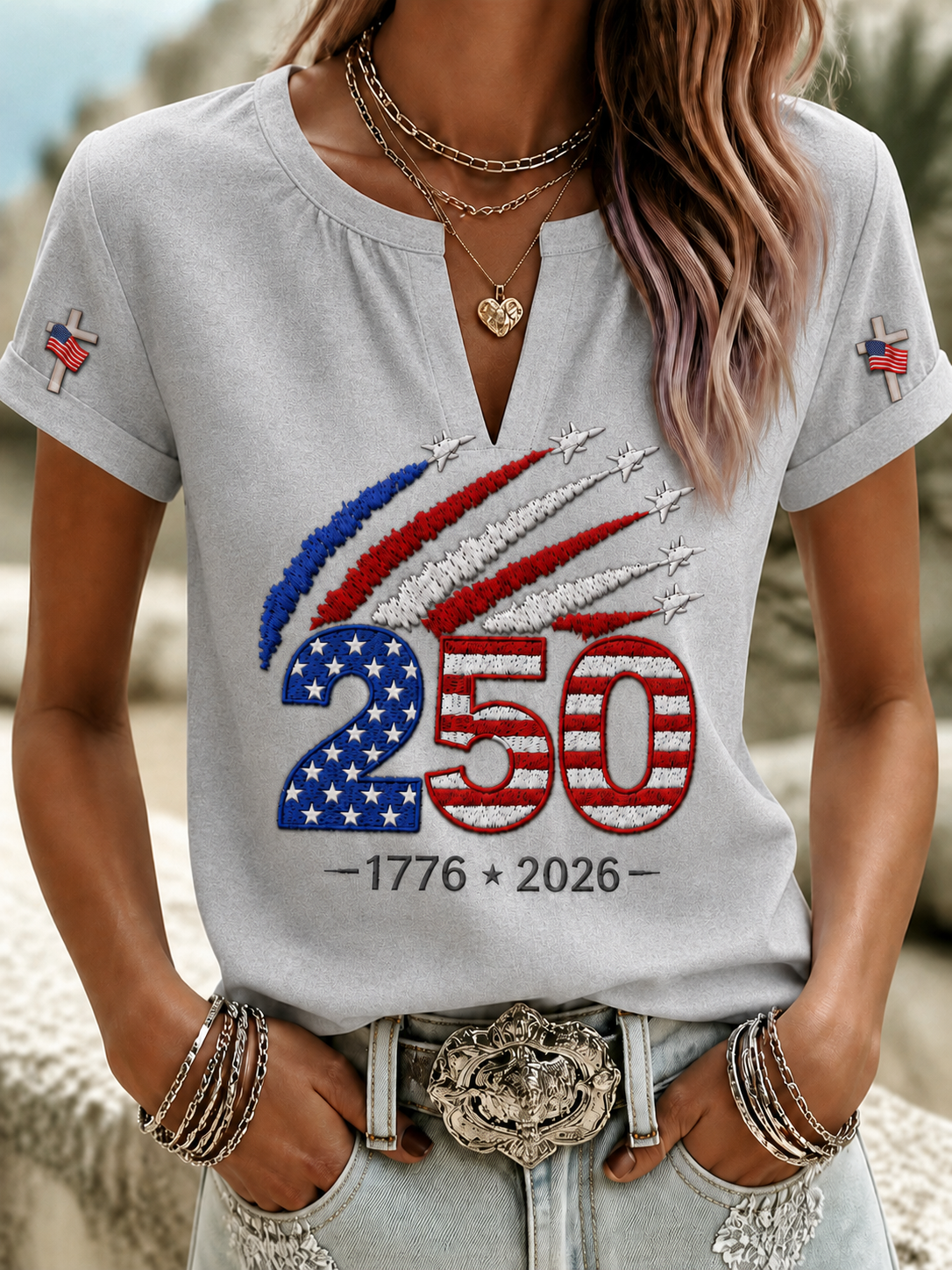 Women'S Casual Cotton Linen American Independence Day Floral Art Printed Short Sleeved T-Shirt