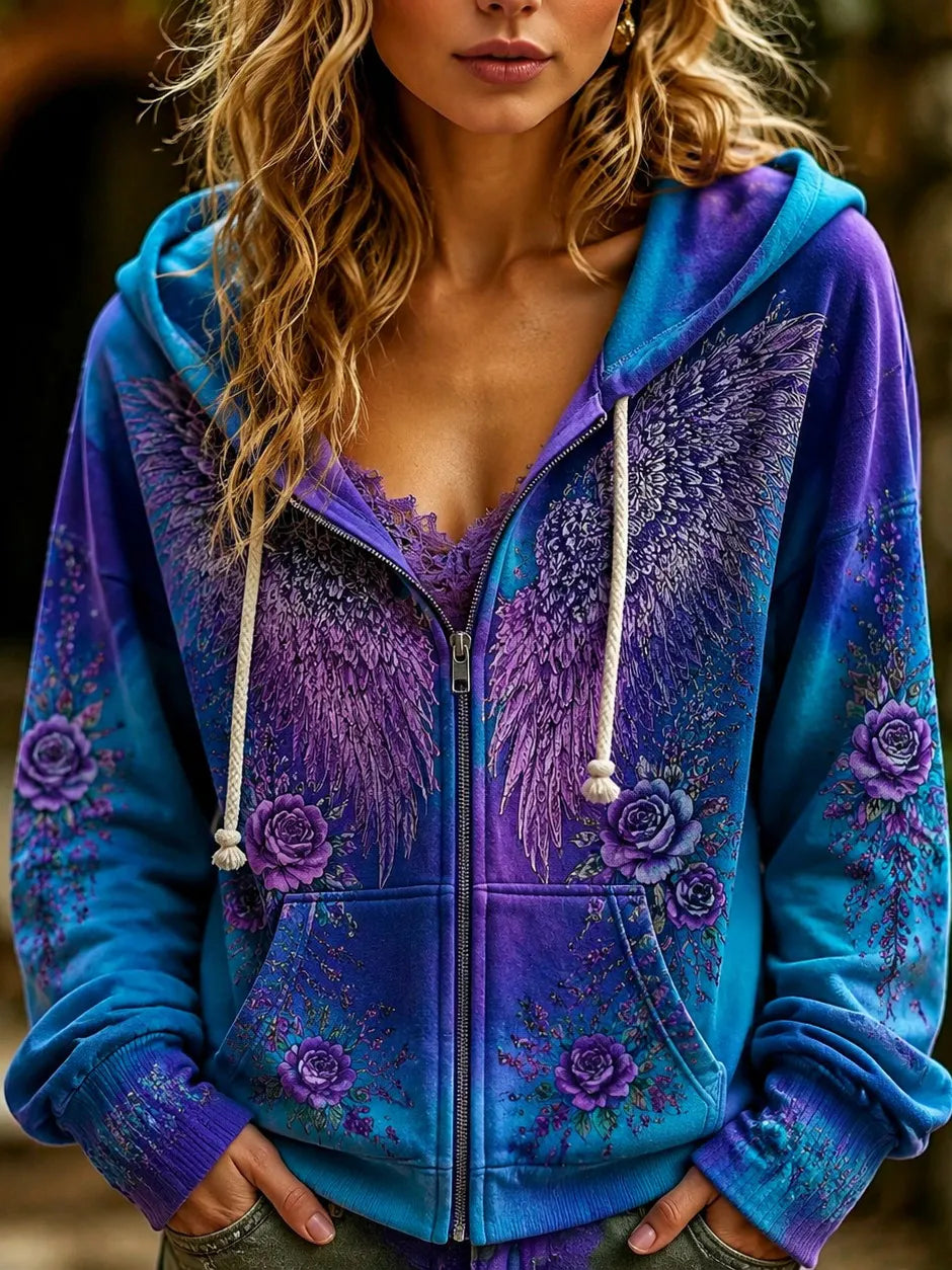 Women's Vintage Viking Celtic Knot Wings And Rose Print Comfortable Warm Zip-up Hoodie