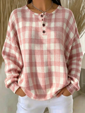 Women'S Plaid Henley Collar Casual Long-Sleeved Sweatshirt