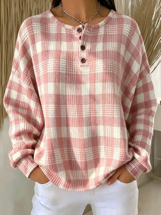 Women'S Plaid Henley Collar Casual Long-Sleeved Sweatshirt
