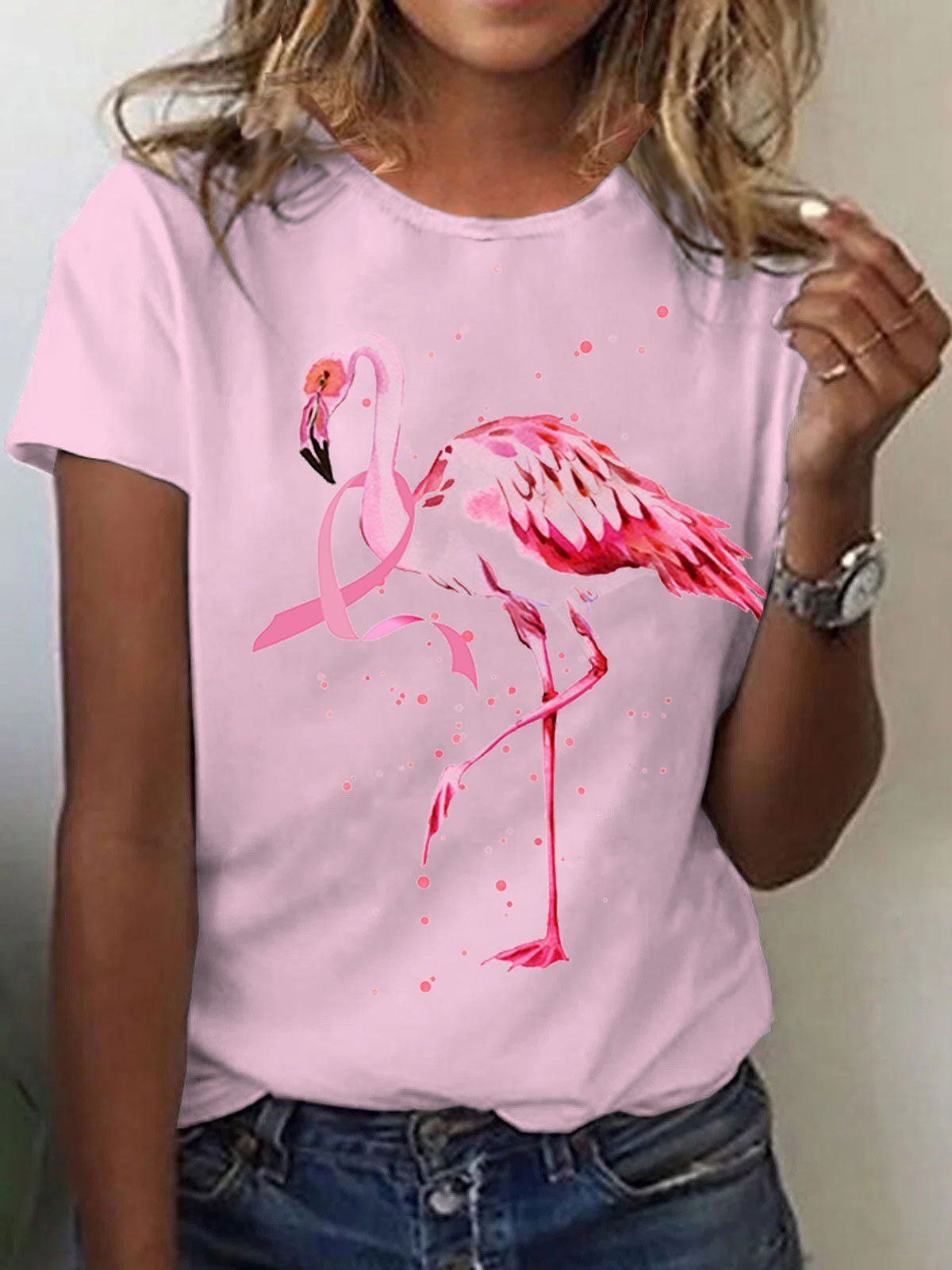 Women's Breast Cancer Flamingo Print T-Shirt