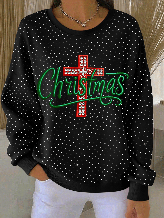 Women's Christmas Faith Print Rhinestone Long-Sleeve Sweatshirt