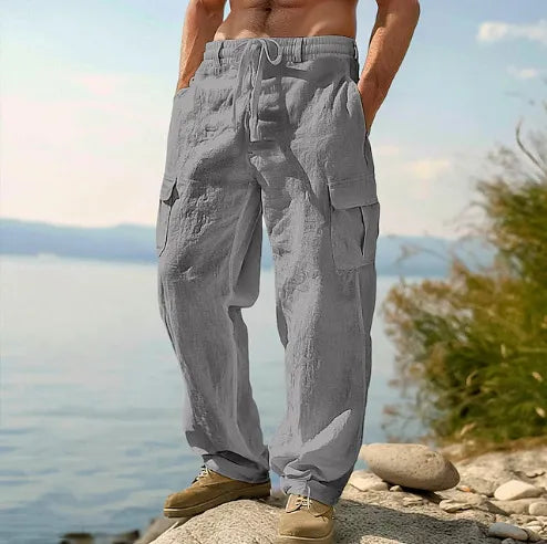 Men's Linen Cargo Pants Drawstring Multi-Pocket Straight Leg Breathable Outdoor Beach Classic Casual Long Pants