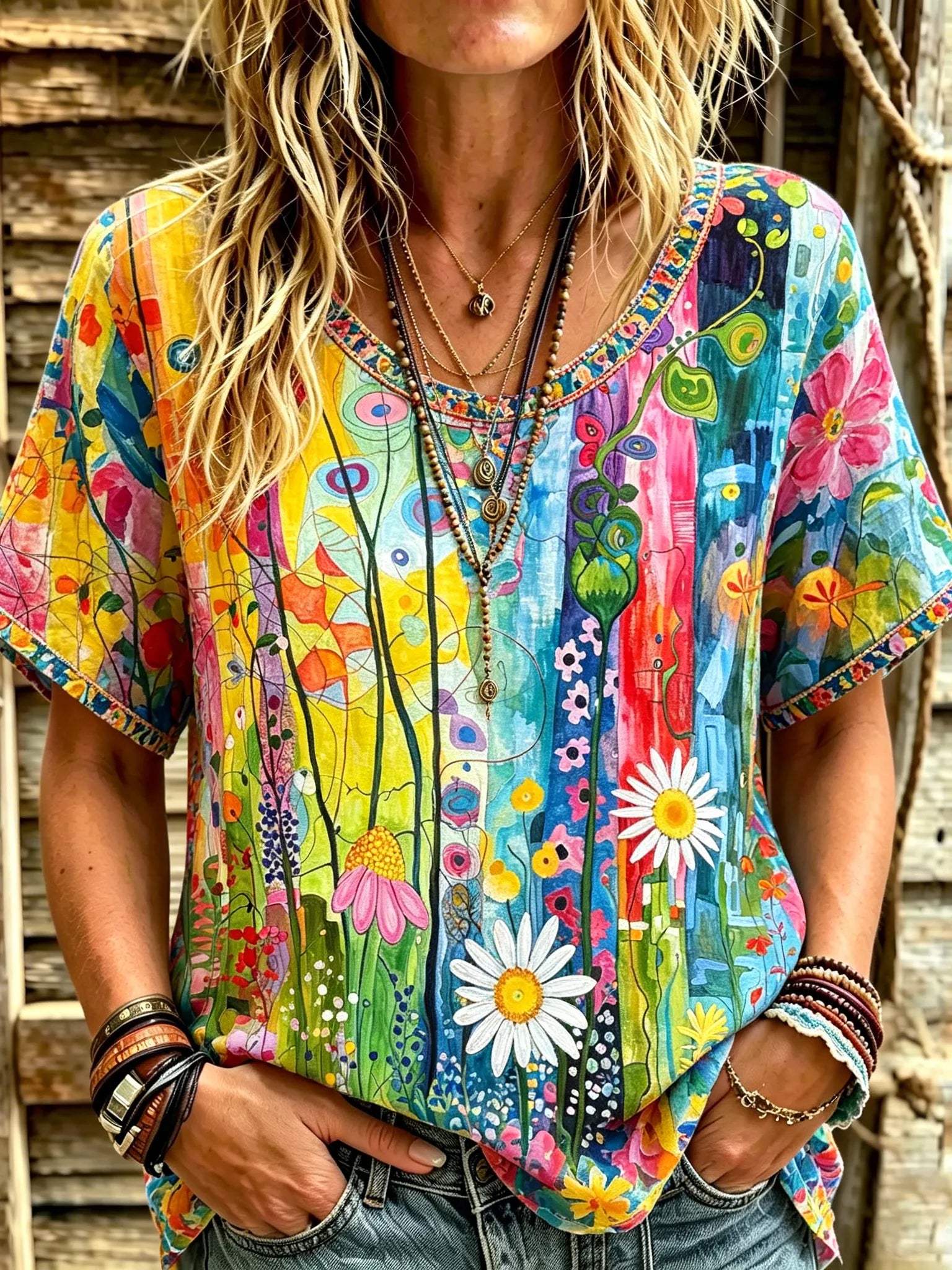 Women's Vintage Hippie Floral Graffiti Linen Blend Casual Tops