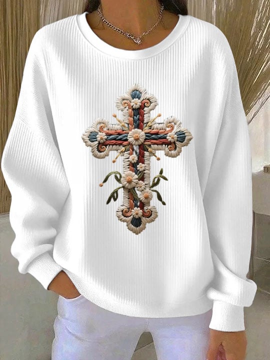 Women's Embroidered Cross Art Print Crew Neck Sweatshirt
