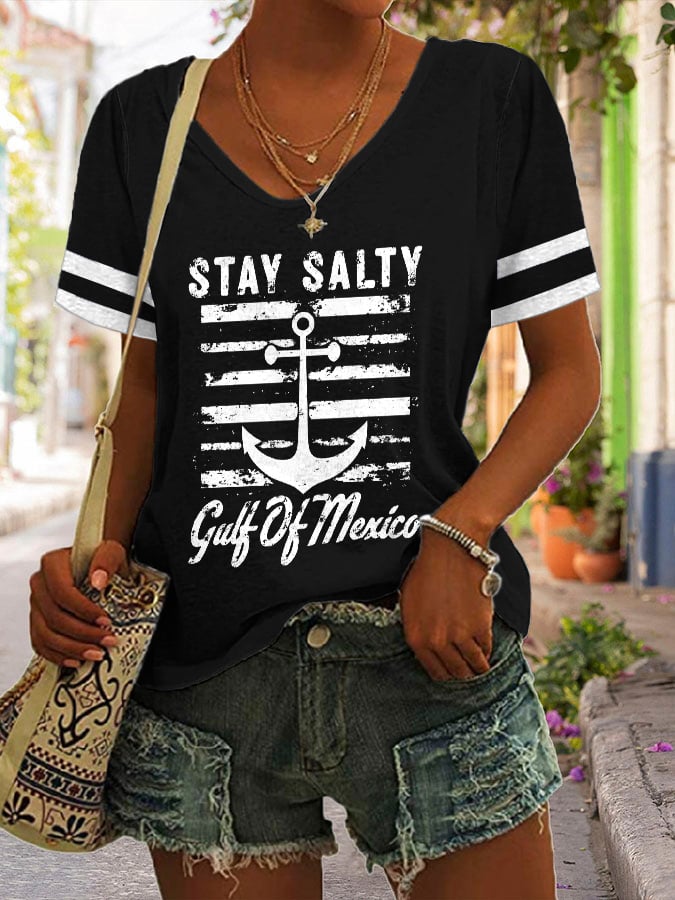 Women's Stay Salty Gulf Of Mexico Print V Neck T-Shirt