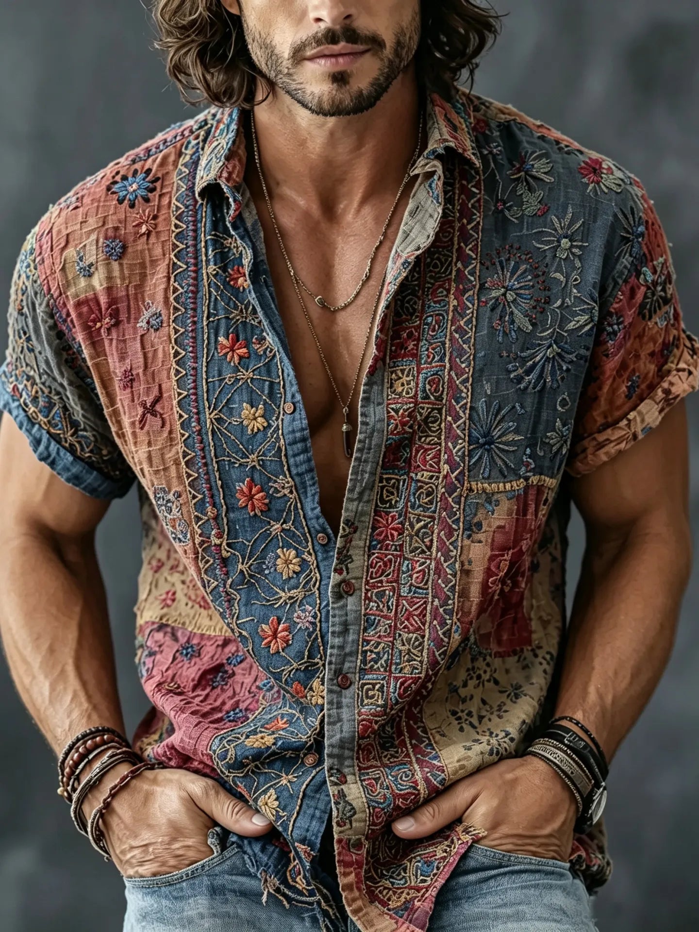 Men's Vintage Floral Patchwork Embroidered Art Print Flowy Linen Blend Casual Shirts