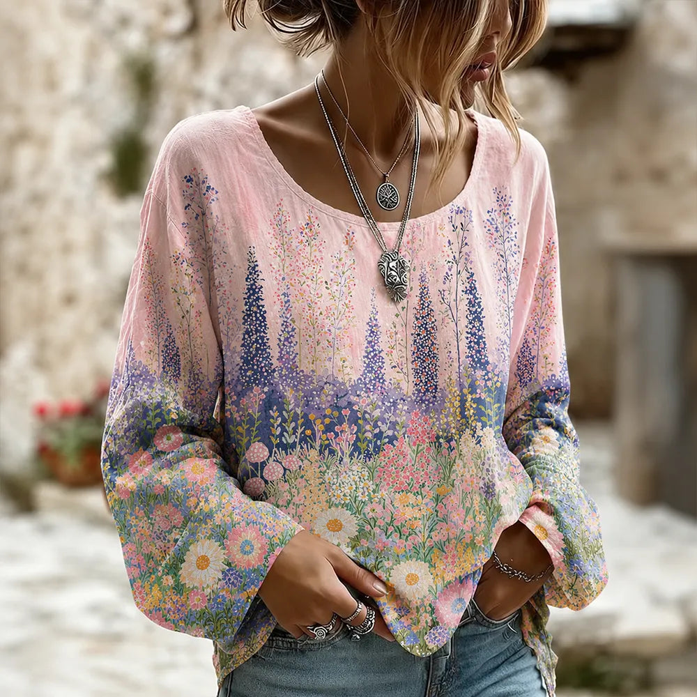 Women's Long Sleeve Crew Neck Casual Pullover Top With Pink Gradient And Wildflower Meadow Print