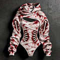 Women's Halloween Bloodstain Lace-up Skeleton Print Hoodie Set