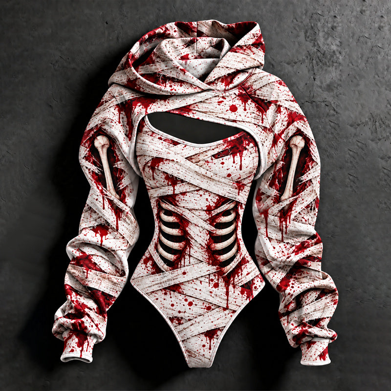 Women's Halloween Bloodstain Lace-up Skeleton Print Hoodie Set