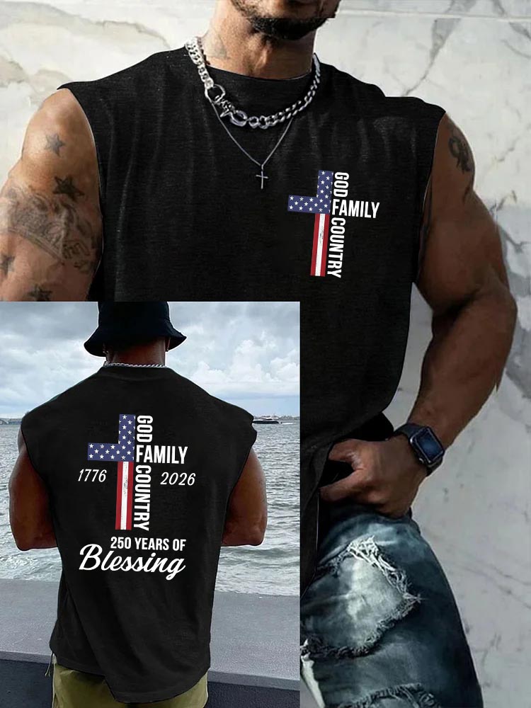 God Family Country Pattern Round Neck 100% Cotton Tank Top