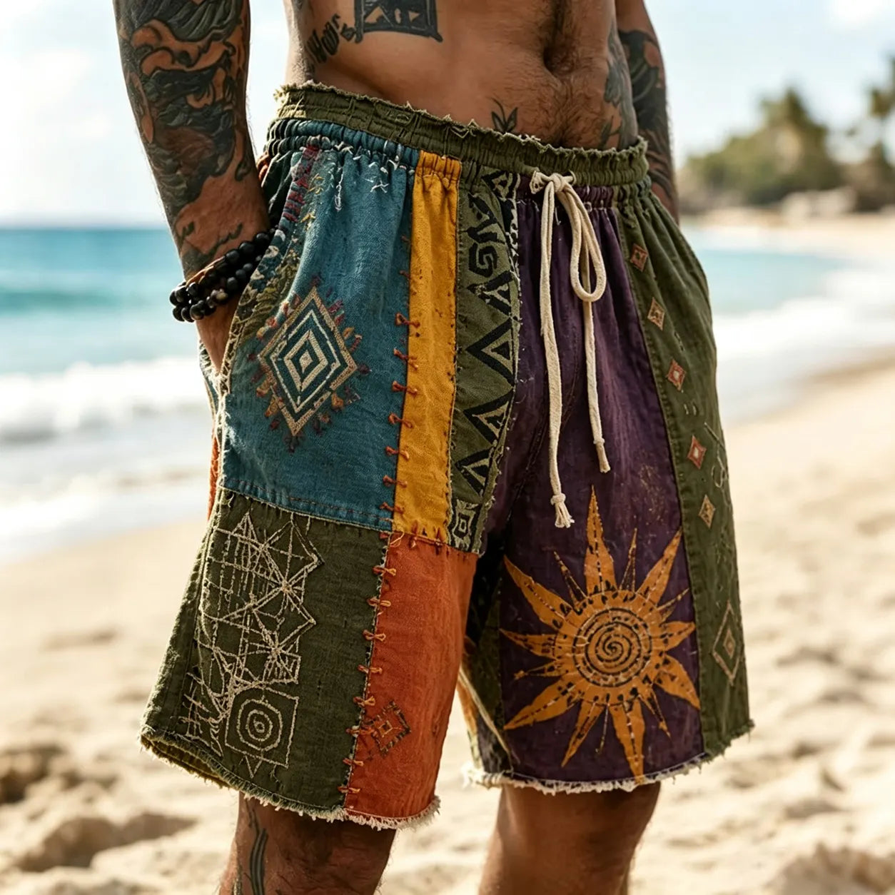 Men's Hippie Sun With Geometry Patchwork Print Casual Shorts