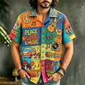 Men's Hippie Style Peace Love Music Patchwork Art Print Casual Shirt
